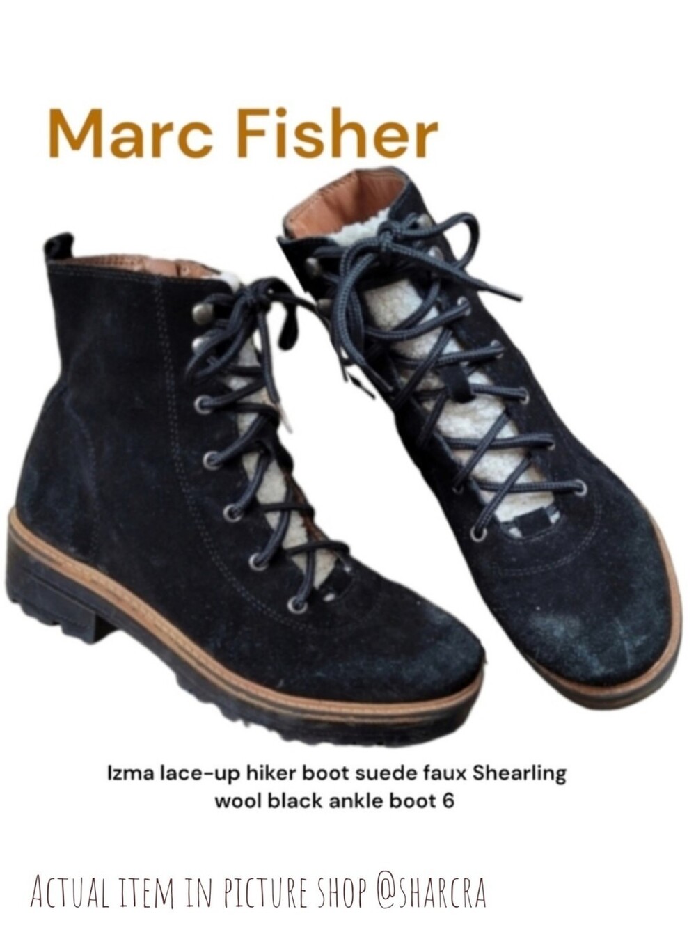 Marc Fisher Women's Izma lace-up hiking boot suede faux wool black ankle boots 6